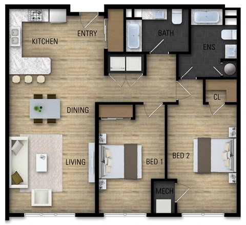 Floor plan for 2 beds, 2 baths, 1112 sqft